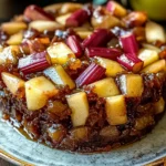 Apple rhubarb chutney cake slice on rustic plate