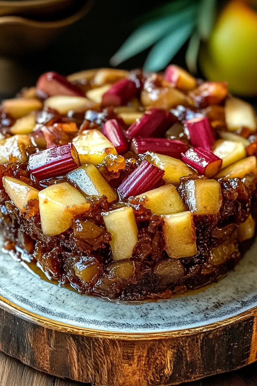 Apple rhubarb chutney cake slice on rustic plate