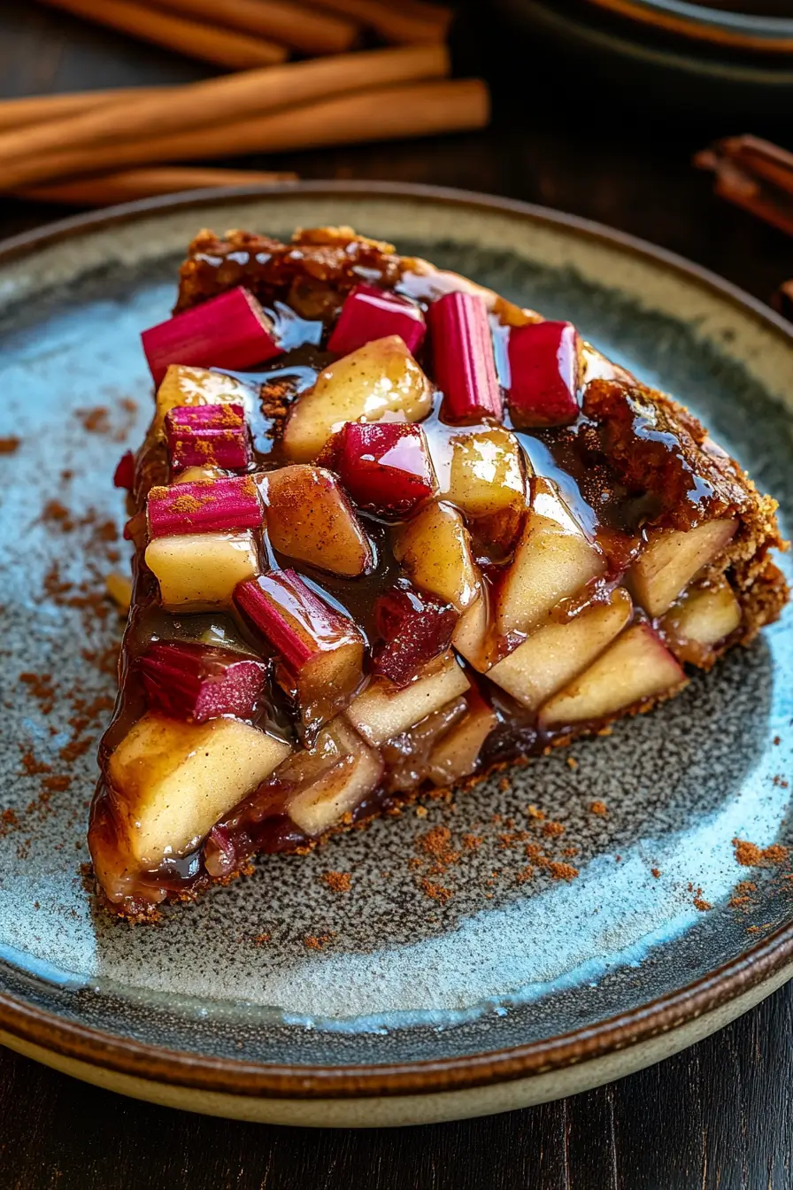 Apple rhubarb cake slice with spiced glaze