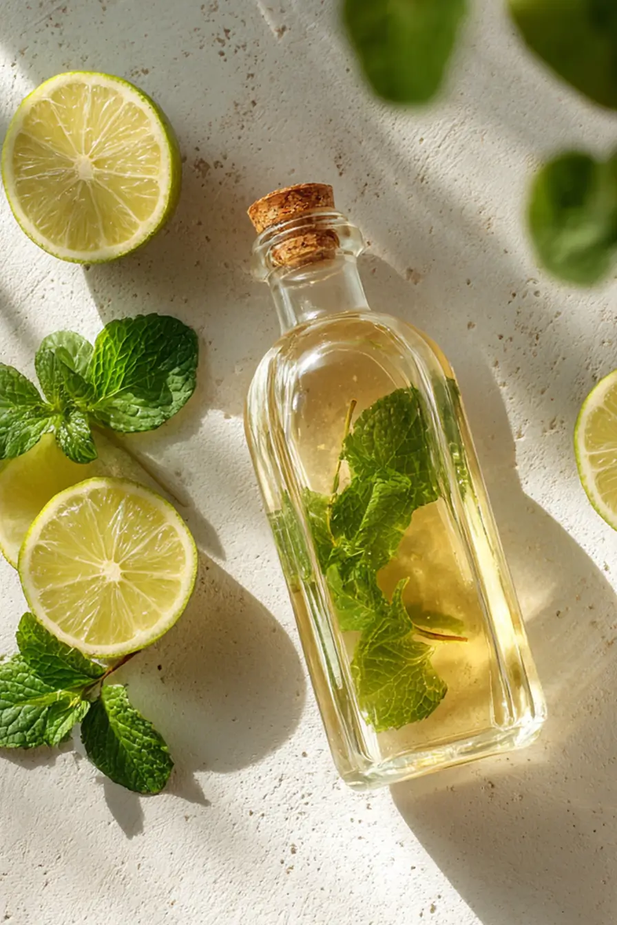 A glass of Hugo Spritz with lime and mint on a wooden surface