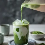 Glass of iced matcha latte recipe on a sunny kitchen table