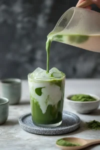 Glass of iced matcha latte recipe on a sunny kitchen table
