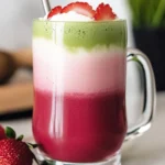 Layered homemade strawberry matcha latte in a glass