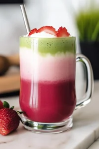 Layered homemade strawberry matcha latte in a glass
