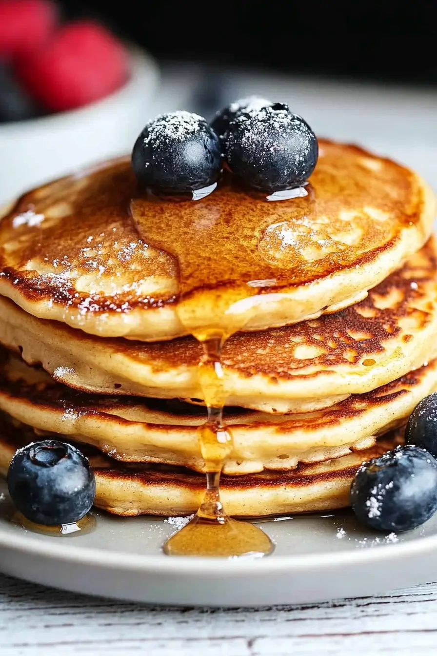 Fluffy stack of protein pancakes recipe topped with fresh blueberries and maple syrup, with syrup drizzling down the sides.