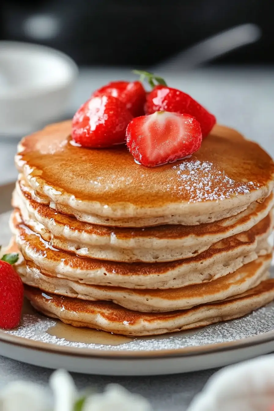 Tall stack of protein pancakes topped with sliced fresh strawberries and syrup, dusted lightly with powdered sugar.