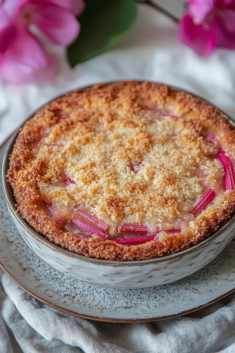 Whole rustic rhubarb cake recipes with crumble topping on wooden table