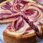 Whole rhubarb cheesecake with pink swirl topping