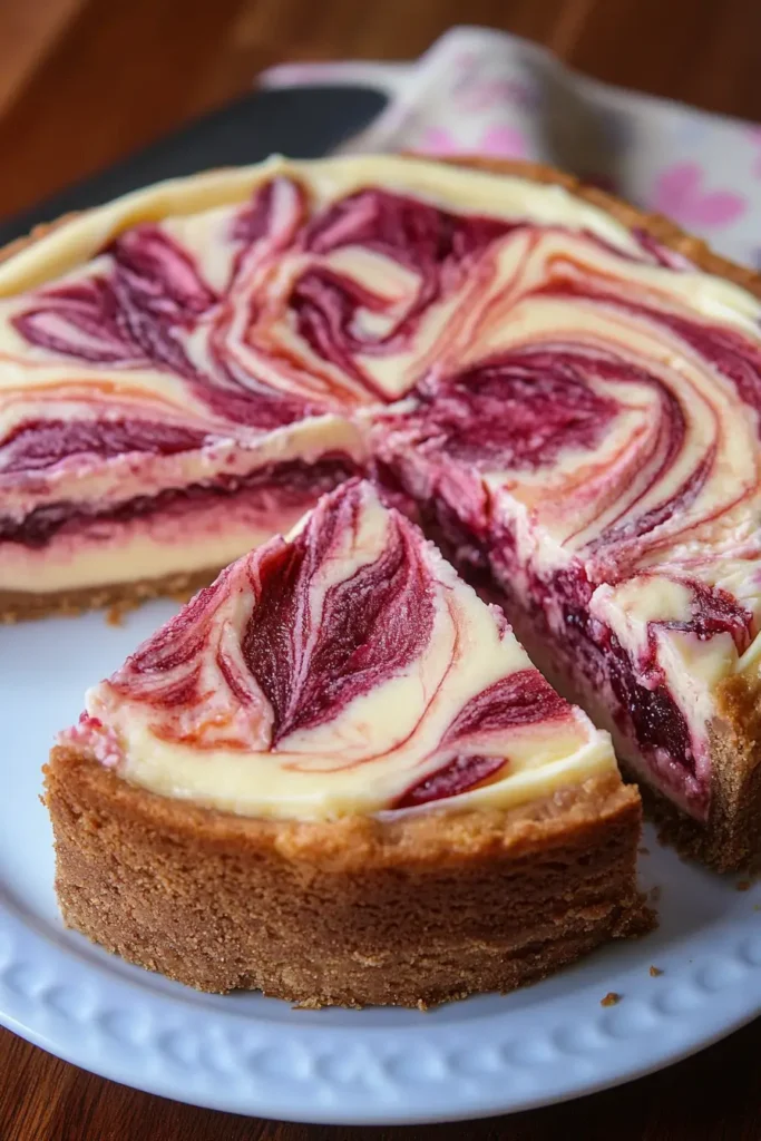 Whole rhubarb cheesecake with pink swirl topping