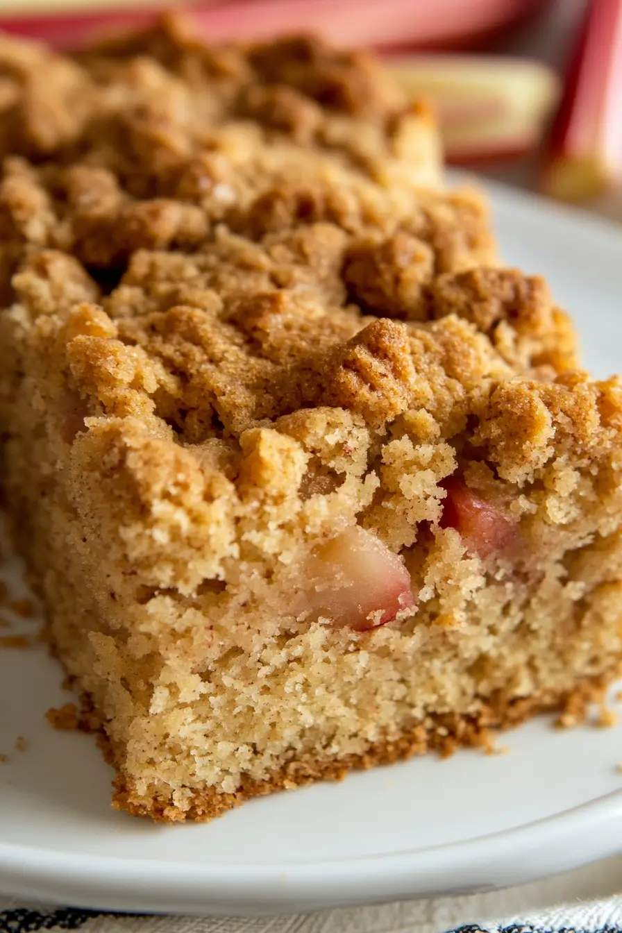 Slice of rhubarb coffee cake with crumble topping