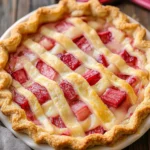 Whole rhubarb custard pie with golden crust and creamy filling