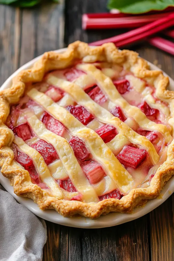 Whole rhubarb custard pie with golden crust and creamy filling