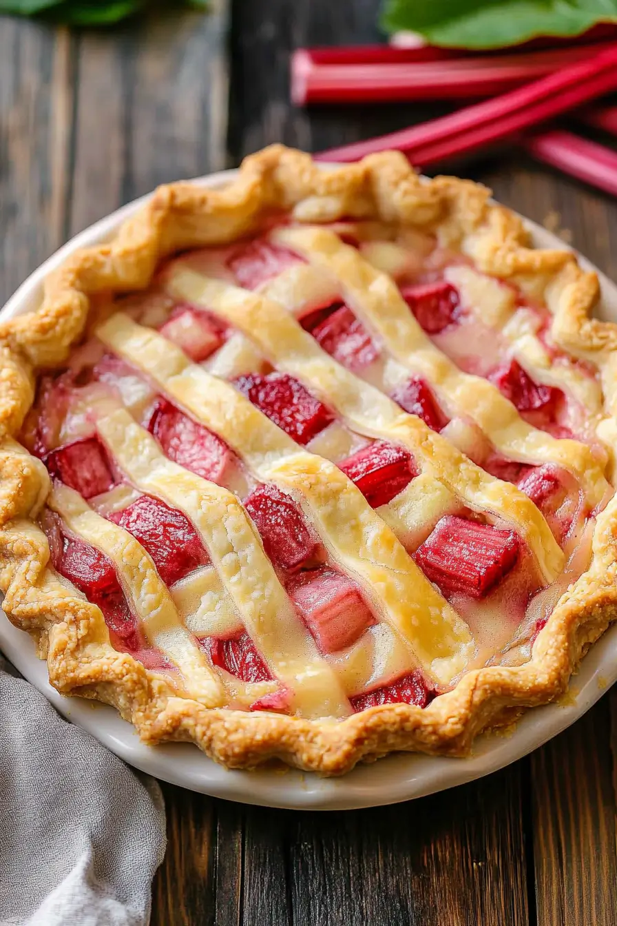Whole rhubarb custard pie with golden crust and creamy filling
