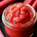 Homemade rhubarb sauce recipe in a clear glass jar, showing vibrant pink color