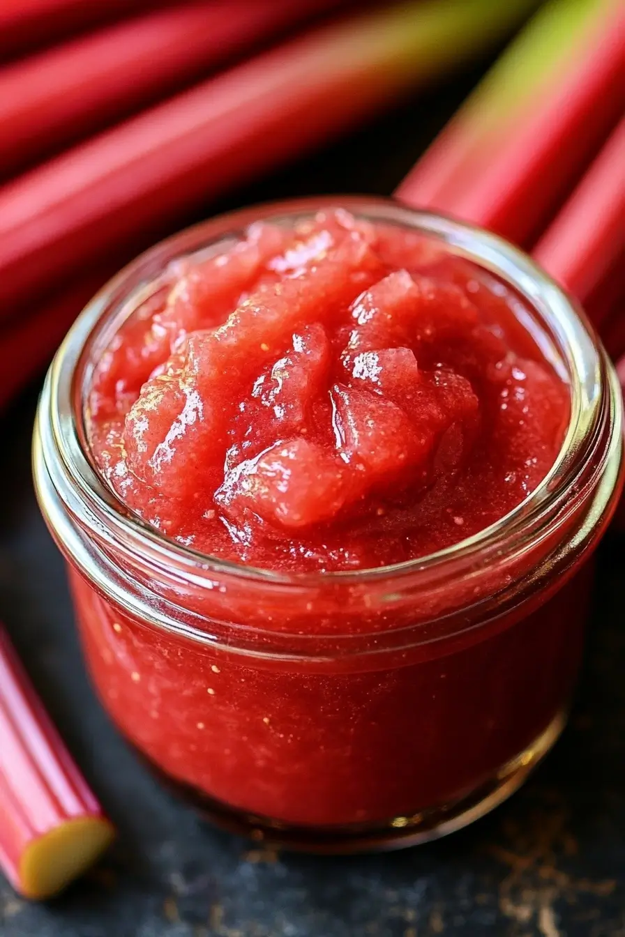 Homemade rhubarb sauce recipe in a clear glass jar, showing vibrant pink color