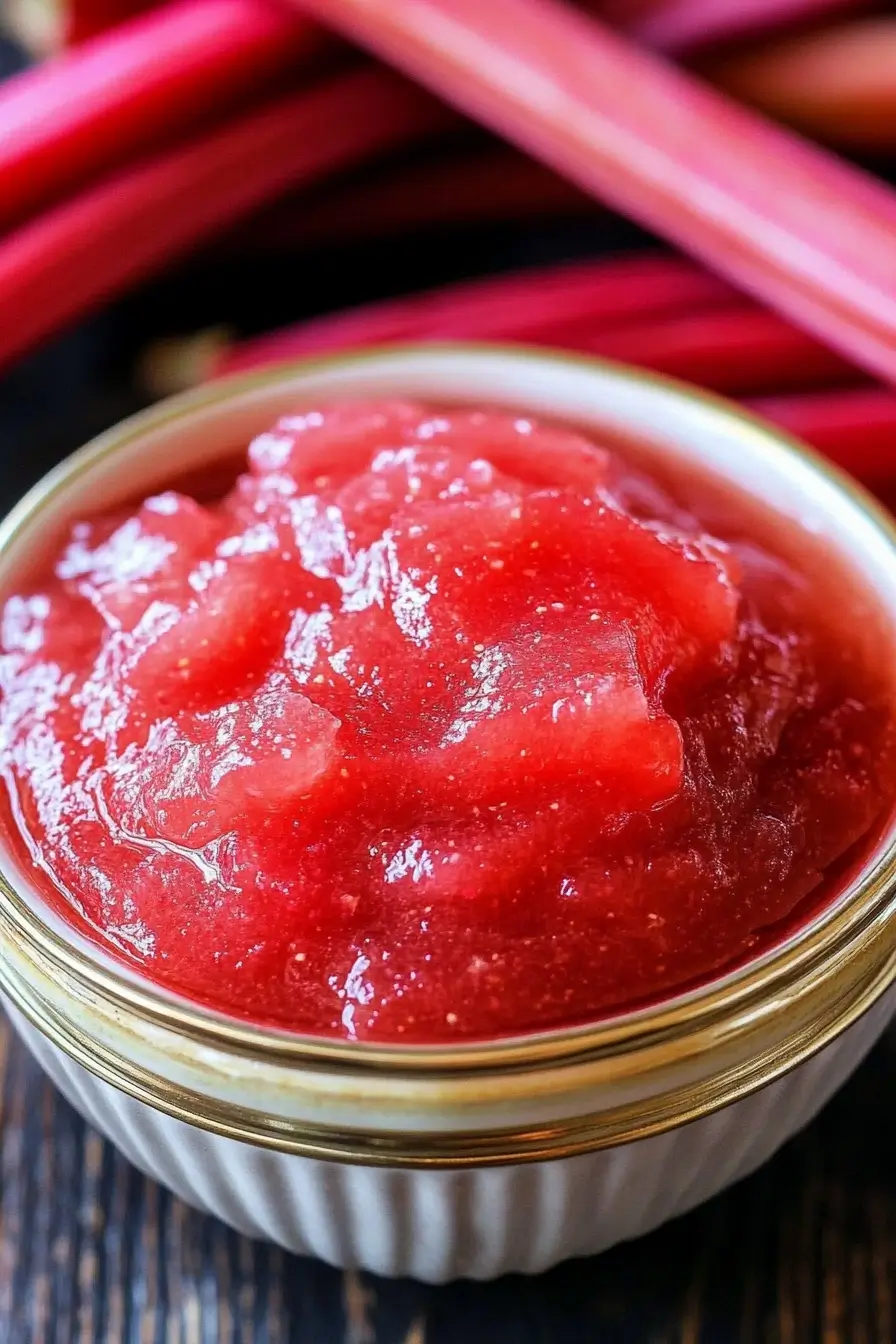 Spoonful of rhubarb sauce poured over pancakes for a fresh, fruity topping