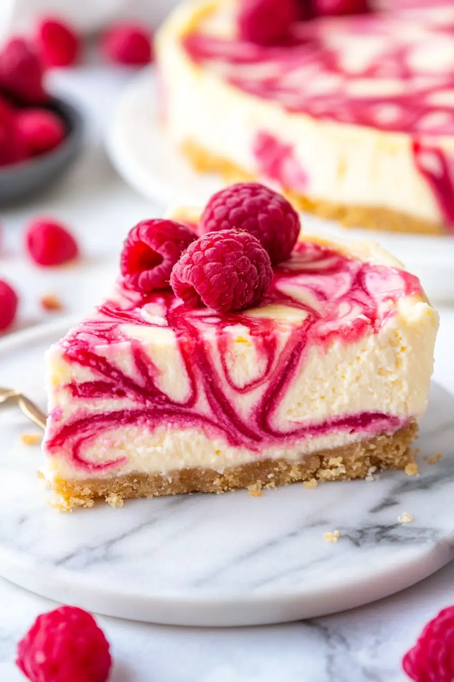 slice of baked rhubarb cheesecake with swirl topping