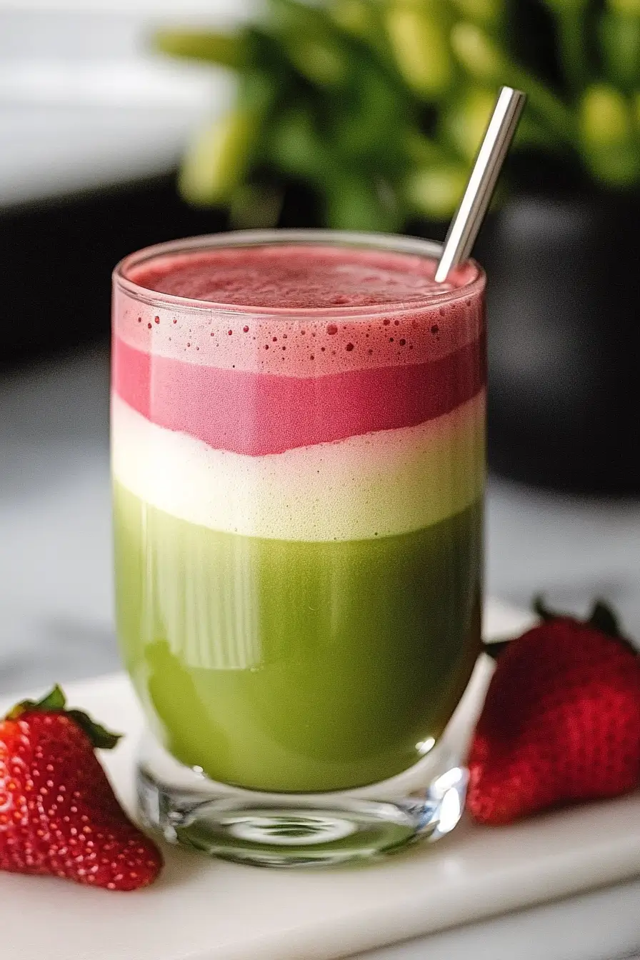 strawberry matcha latte with layered green matcha and pink strawberry in glass