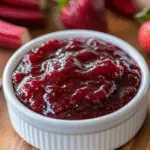 Homemade strawberry rhubarb jam recipe in a glass jar with fresh fruit