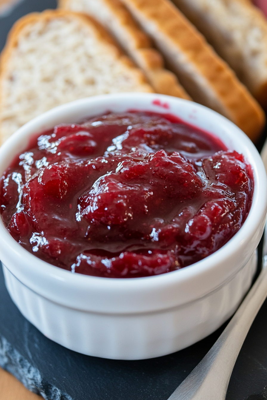 Drizzle of strawberry rhubarb jam over yogurt parfait