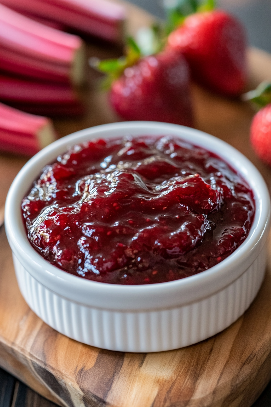 Homemade strawberry rhubarb jam in a glass jar with fresh fruit