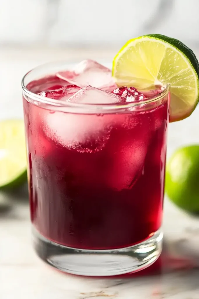 Hand pouring grape juice and ginger ale over ice in a glass