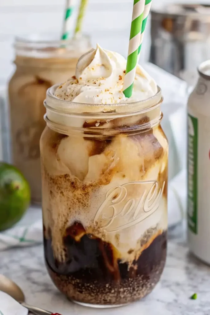 glass of dirty Dr Pepper with creamy swirls on ice