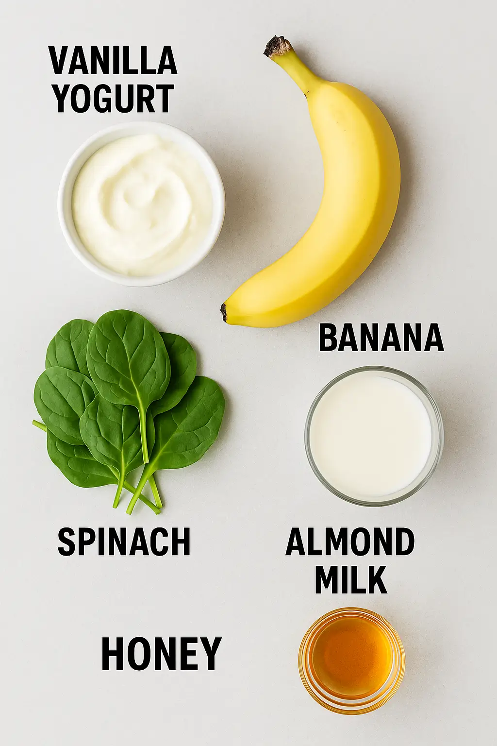 Labeled Hulk smoothie ingredients flat lay on light background