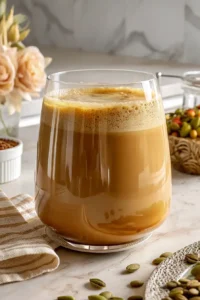 Pumpkin seed drink recipe in a clear glass mug with roasted seeds and cinnamon