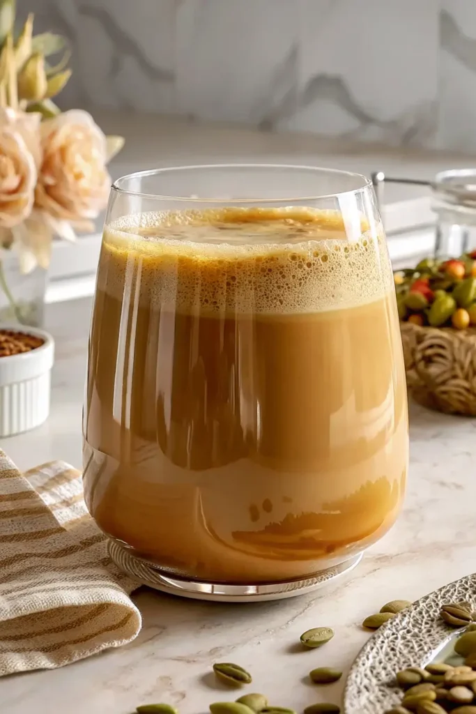 Pumpkin seed drink recipe in a clear glass mug with roasted seeds and cinnamon
