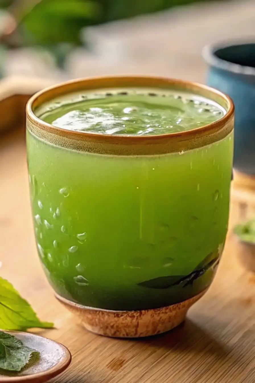 A glass mug of Japanese Mounjaro recipe tea made with matcha, ginger, apple cider vinegar, honey, and pink Himalayan salt.