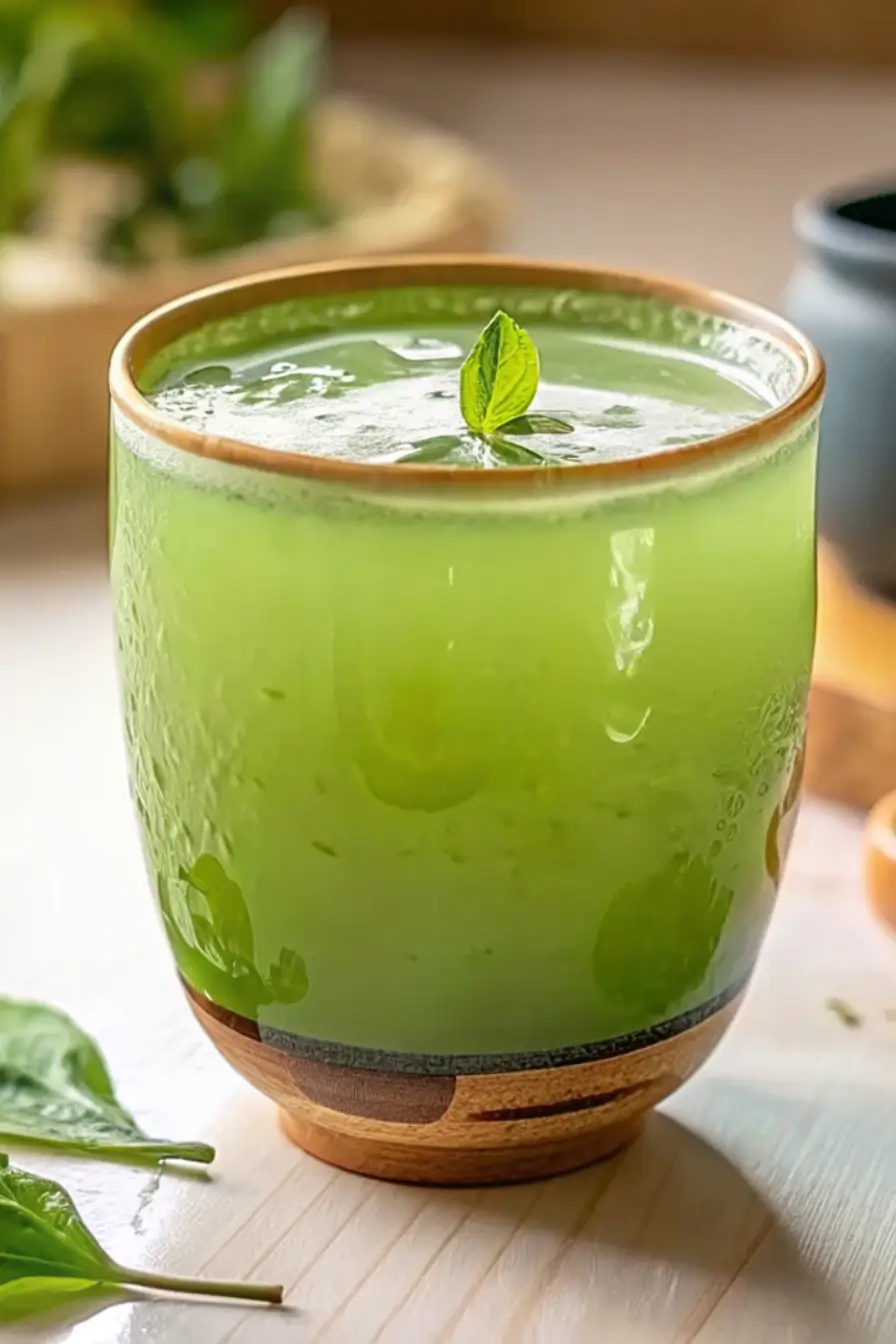 Japanese Mounjaro wellness drink with natural ingredients: matcha, ginger, apple cider vinegar, honey, salt, and warm water.