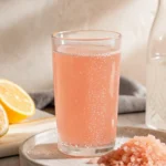 Glass of pink salt diet drink recipe with lemon slice garnish and honey dipper on white linen, refreshing wellness drink in morning light.