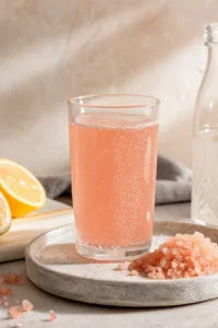 Glass of pink salt diet drink recipe with lemon slice garnish and honey dipper on white linen, refreshing wellness drink in morning light.