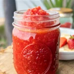 Homemade strawberry freezer jam recipe in glass jars