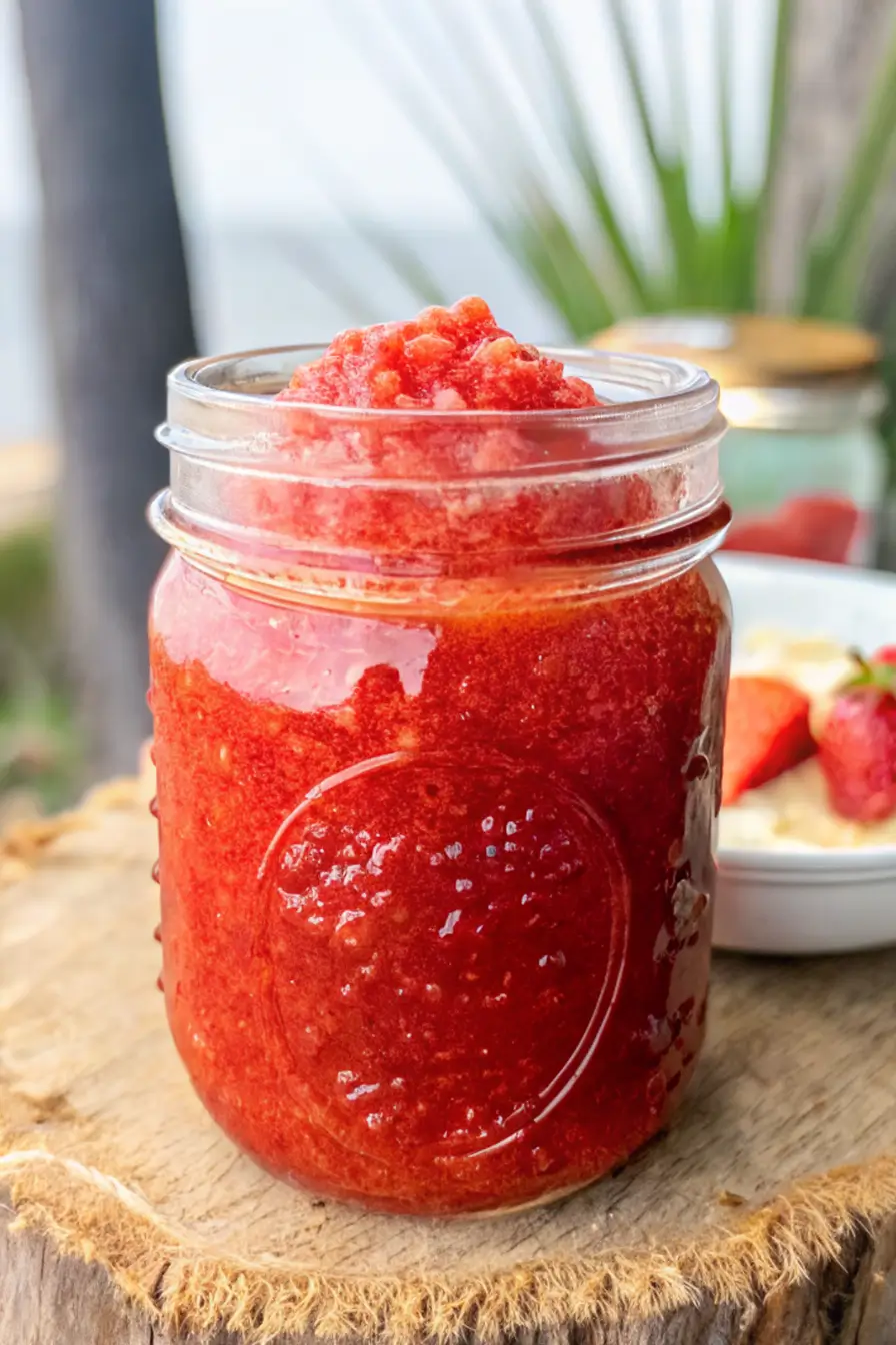 Homemade strawberry freezer jam recipe in glass jars