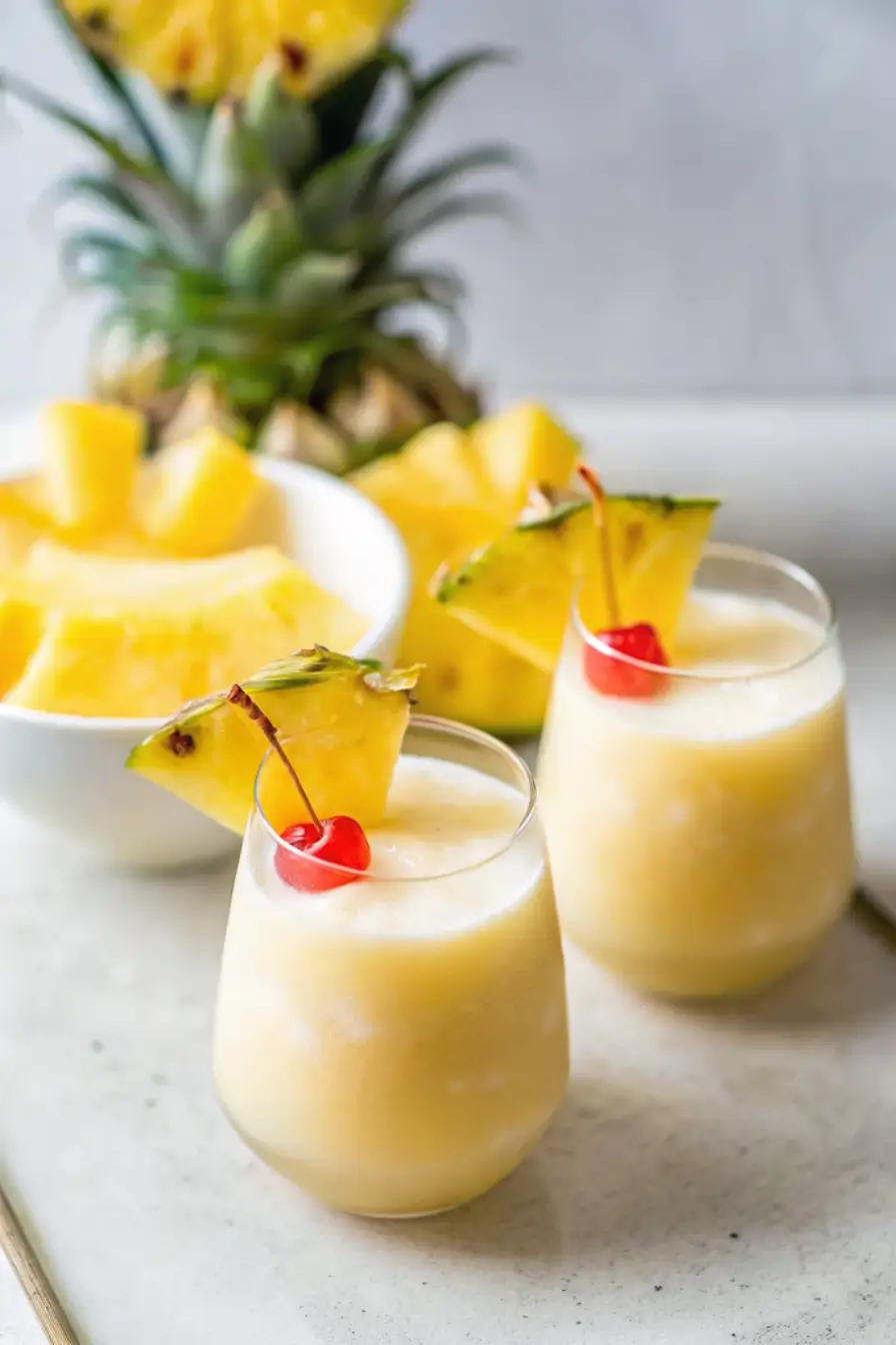 Pineapple juice, coconut cream, ice, and fresh pineapple on a kitchen counter