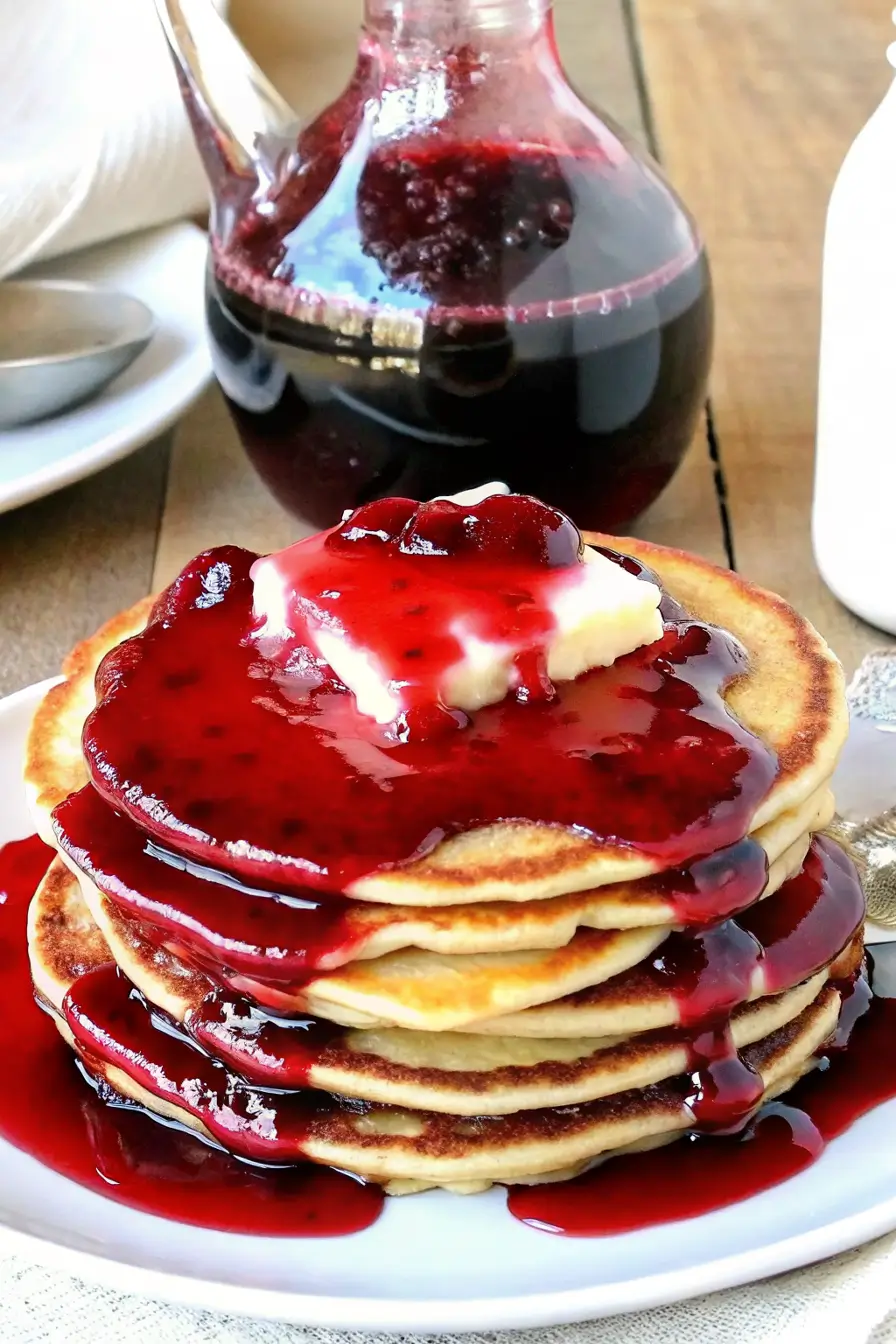 Homemade blueberry syrup recipe poured over pancakes with fresh berries